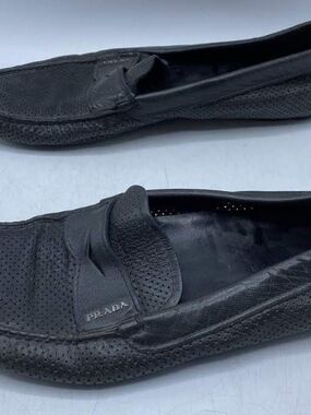 Prada Black Perforated Leather Penny Loafers